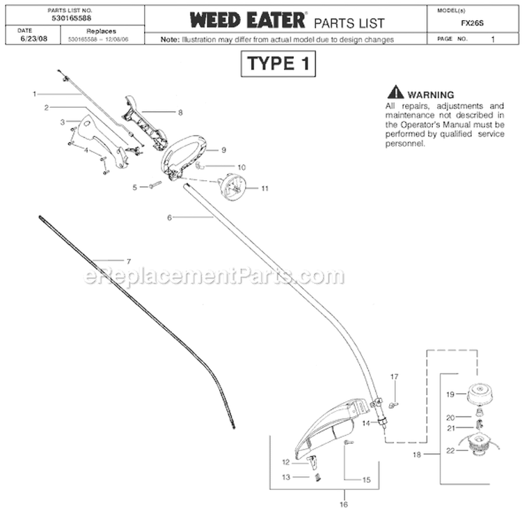 Page B Diagram and Parts List for FX26S Type 1 Weed Eater Trimmer